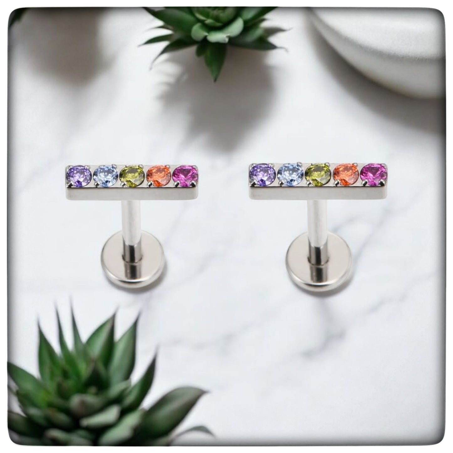 *Titanium & Cubic Zirconia Rainbow Crystal Bar