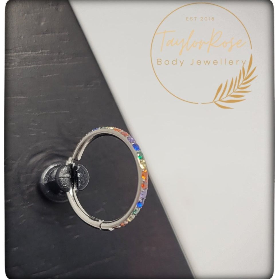 *Titanium & Cubic Zirconia Rainbow Crystal Hinged Clicker Ring