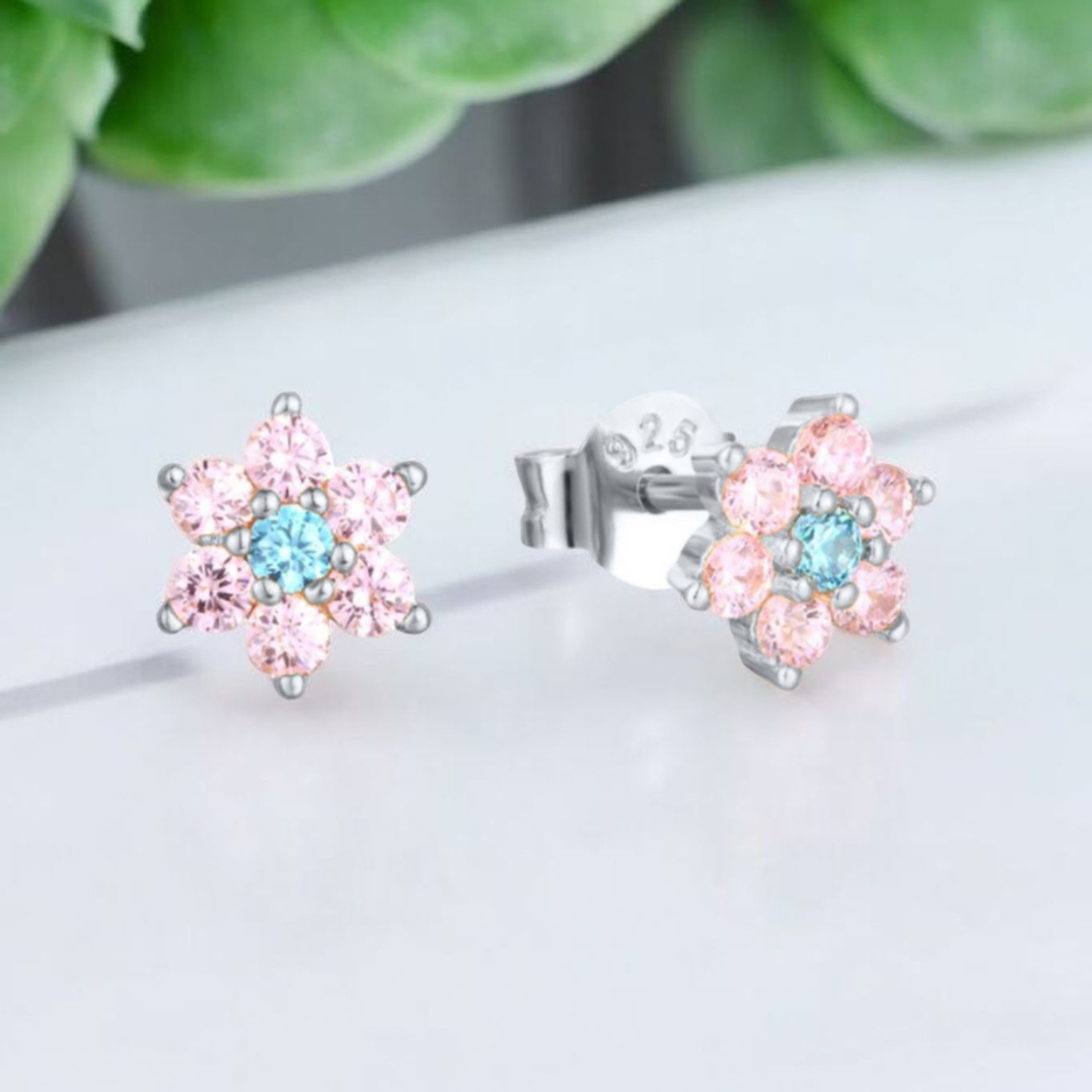 925 Silver & Pink CZ Flower Earrings
