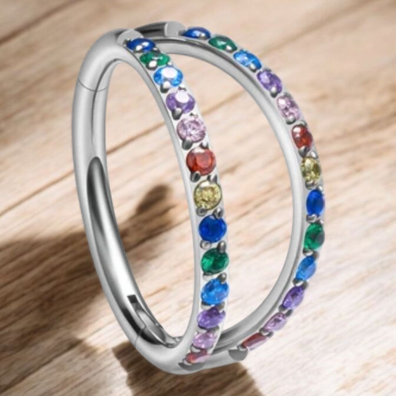 Rainbow Double Pavè Crystal Cubic Zirconia Hinged Clicker Ring.