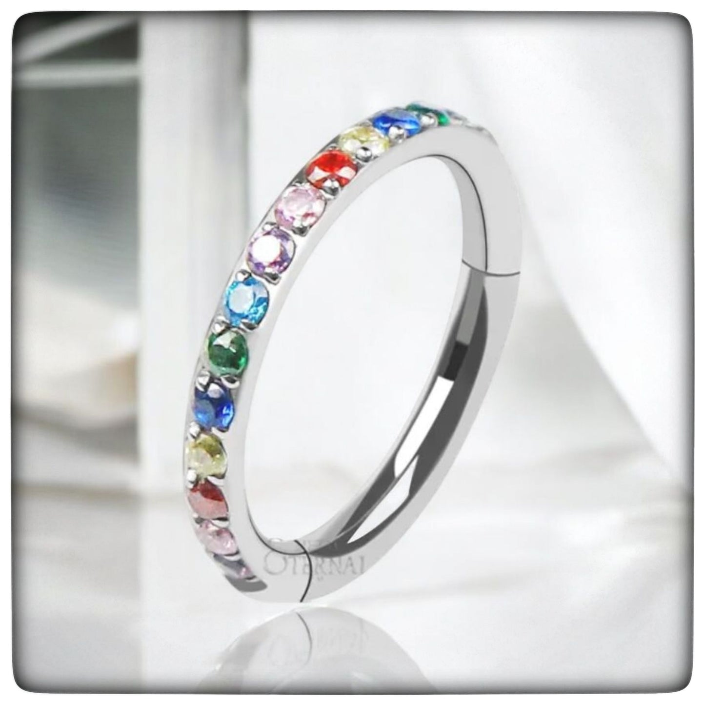 *Titanium & Cubic Zirconia Rainbow Crystal Hinged Clicker Ring