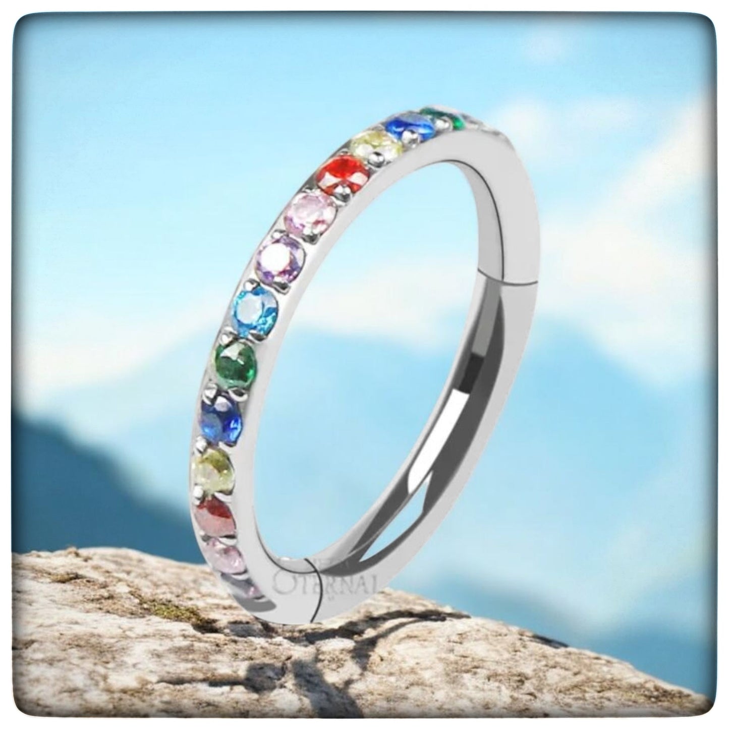 *Titanium & Cubic Zirconia Rainbow Crystal Hinged Clicker Ring