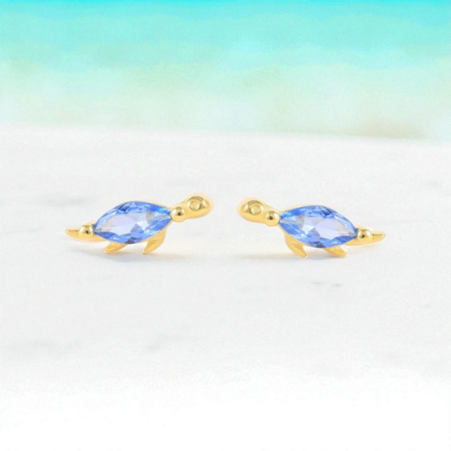 18k Gold Plated 925 Silver & Aqua Blue Cubic Zirconia Dinosaur Earrings