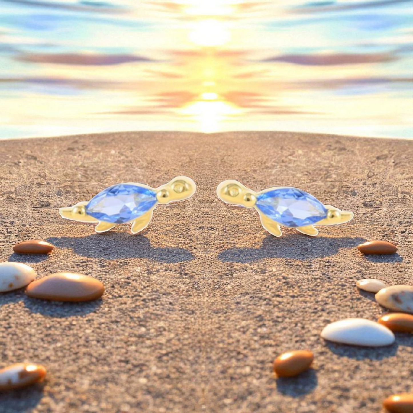 18k Gold Plated 925 Silver & Aqua Blue Cubic Zirconia Dinosaur Earrings