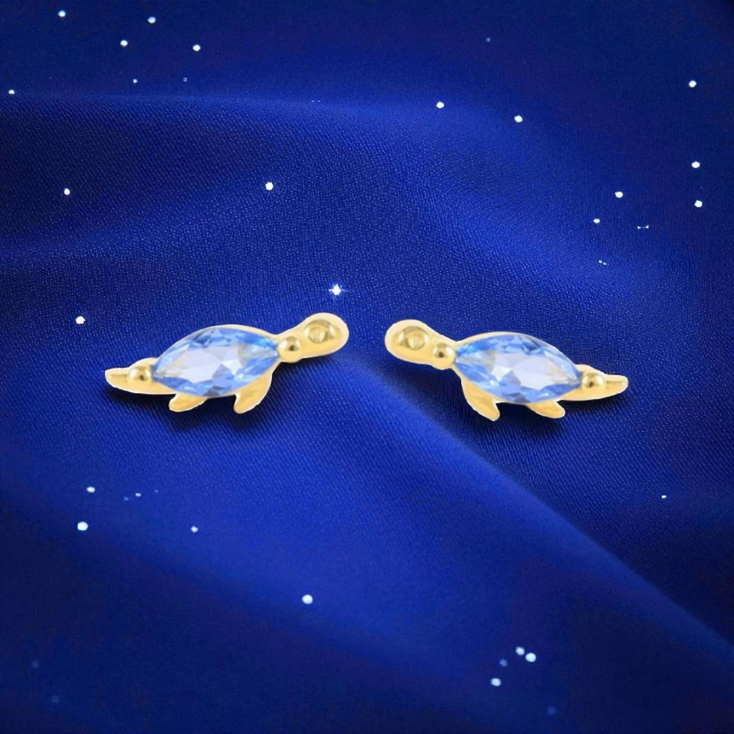 18k Gold Plated 925 Silver & Aqua Blue Cubic Zirconia Dinosaur Earrings