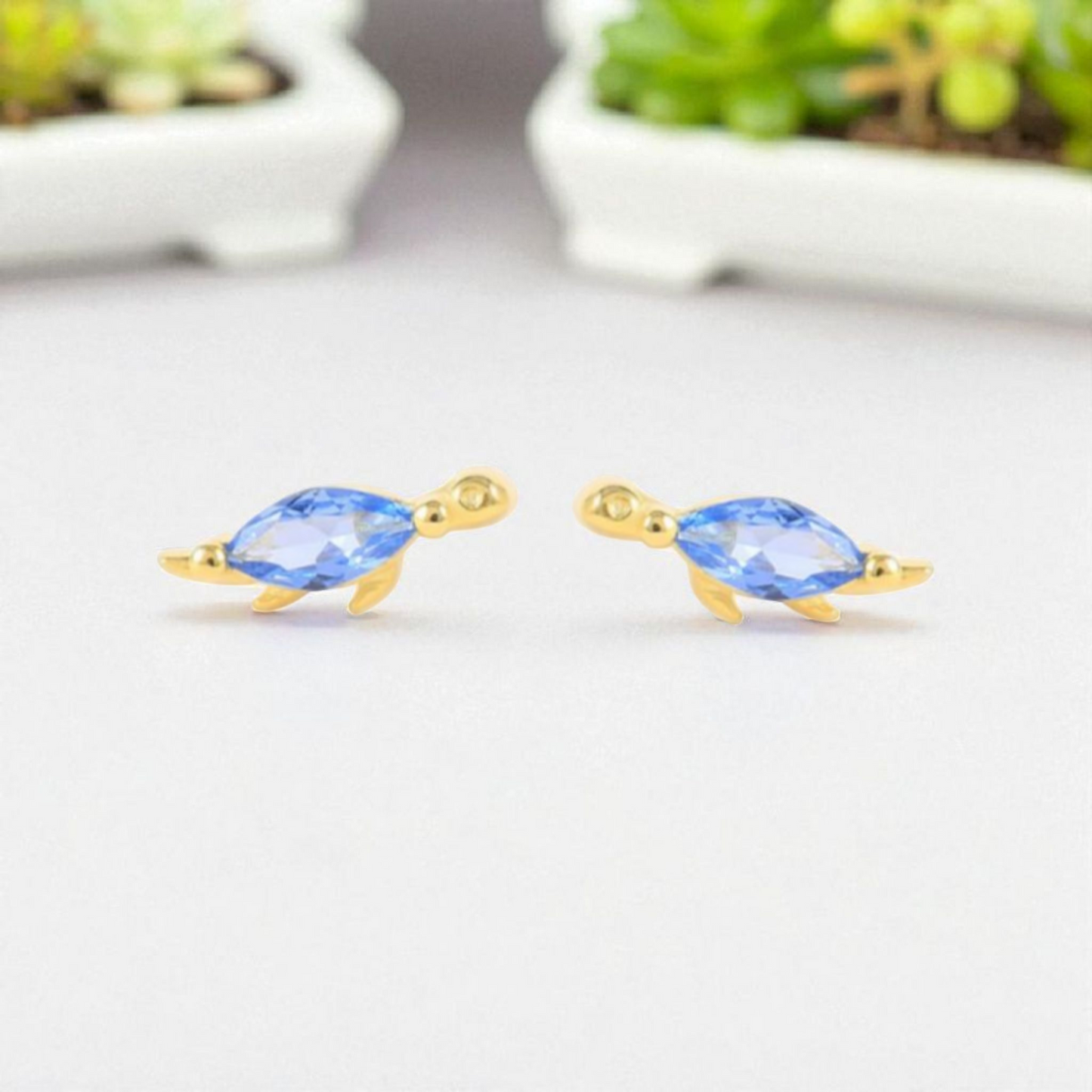 18k Gold Plated 925 Silver & Aqua Blue Cubic Zirconia Dinosaur Earrings