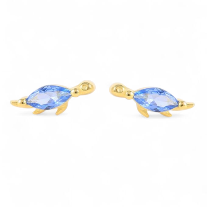 18k Gold Plated 925 Silver & Aqua Blue Cubic Zirconia Dinosaur Earrings