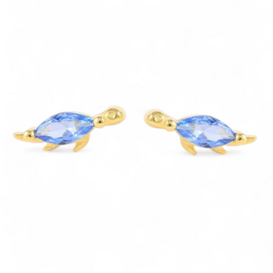 18k Gold Plated 925 Silver & Aqua Blue Cubic Zirconia Dinosaur Earrings