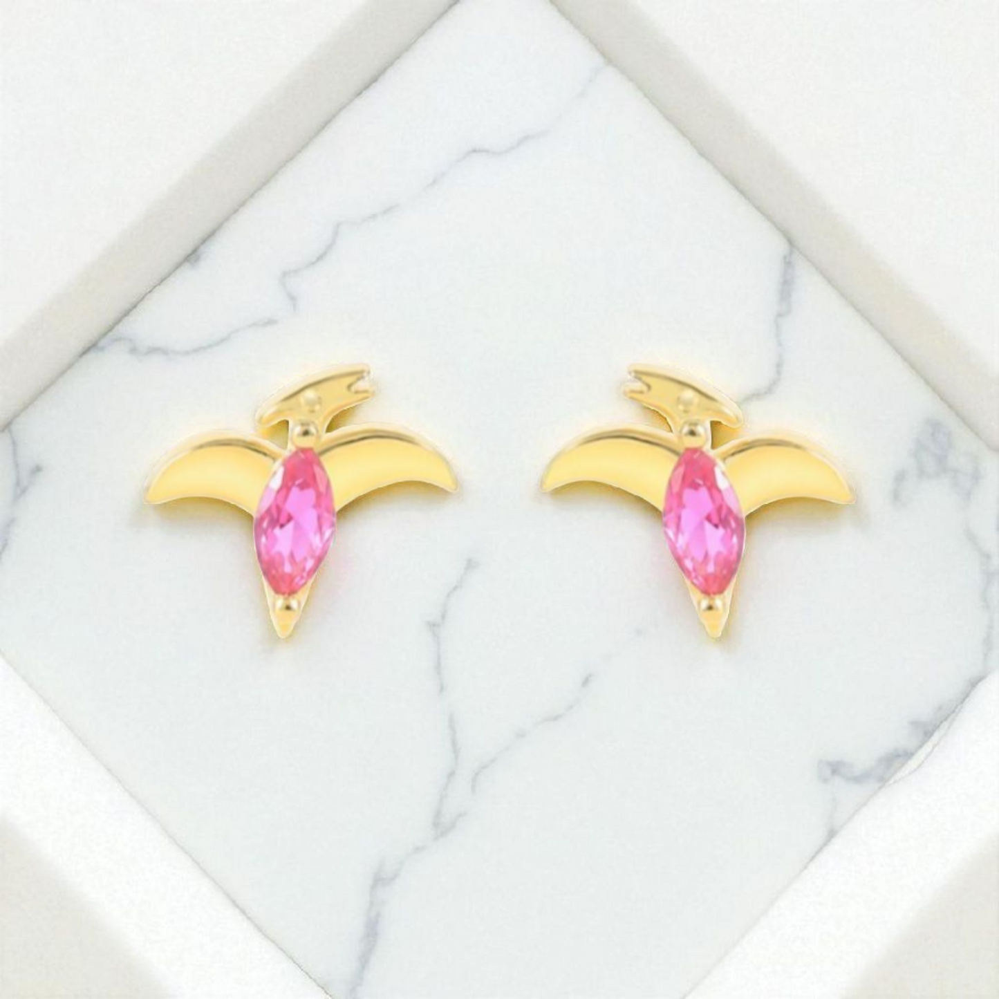 18k Gold Plated 925 Silver & Hot Pink Cubic Zirconia Dinosaur Earrings