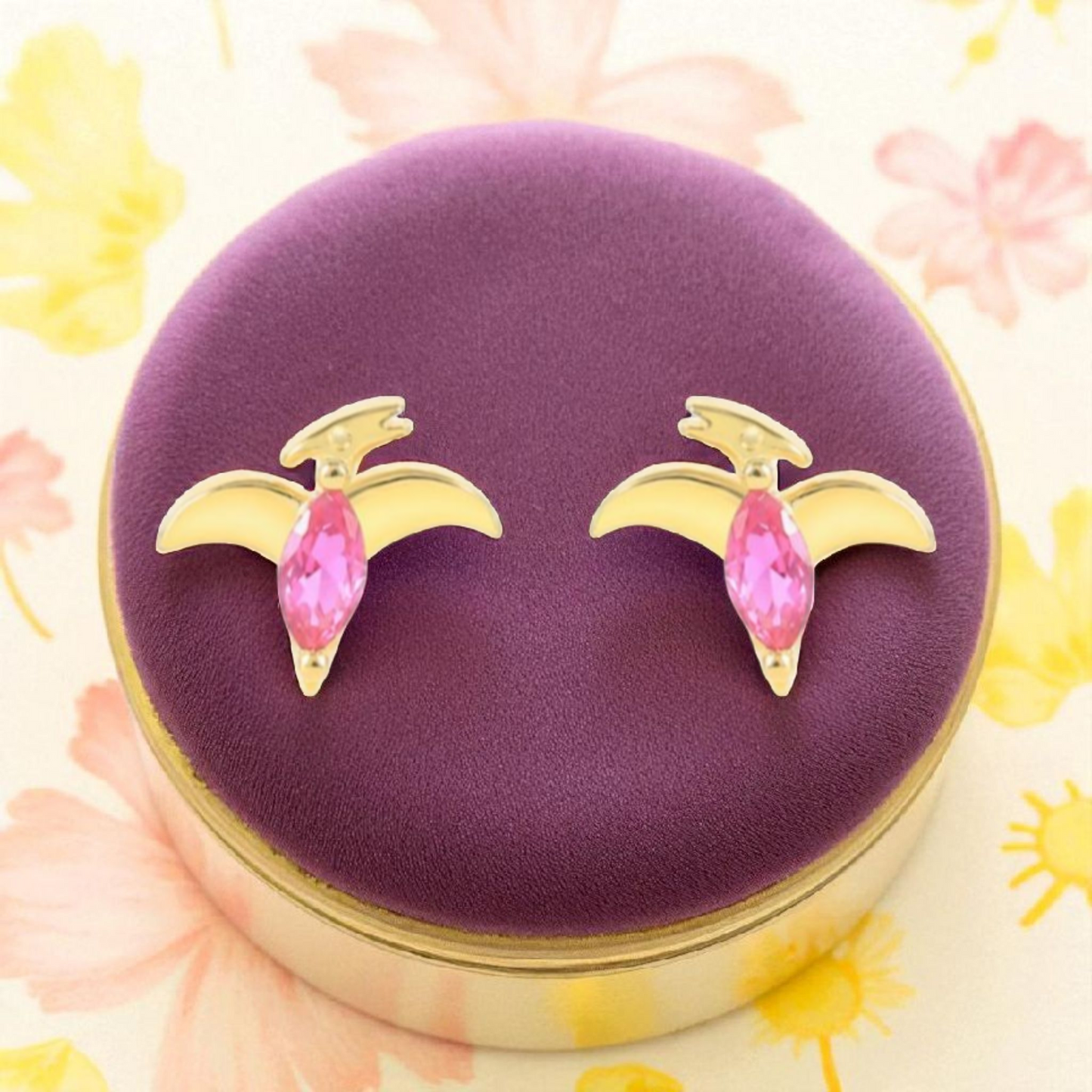 18k Gold Plated 925 Silver & Hot Pink Cubic Zirconia Dinosaur Earrings