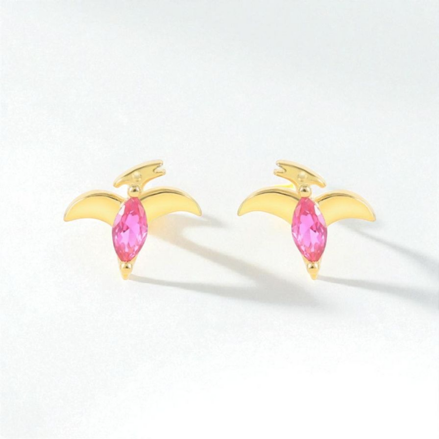 18k Gold Plated 925 Silver & Hot Pink Cubic Zirconia Dinosaur Earrings