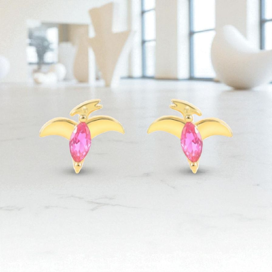 18k Gold Plated 925 Silver & Hot Pink Cubic Zirconia Dinosaur Earrings