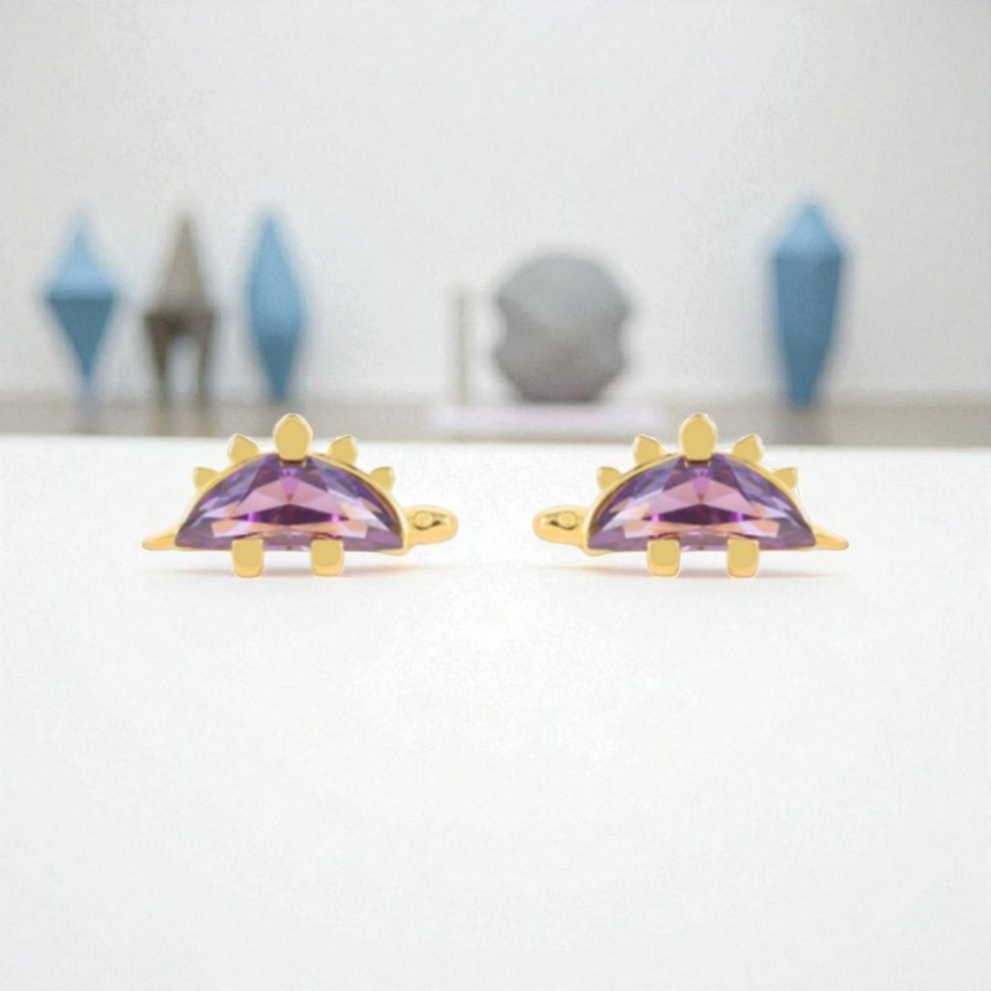 18k Gold Plated 925 Silver & Purple Cubic Zirconia Dinosaur Earrings