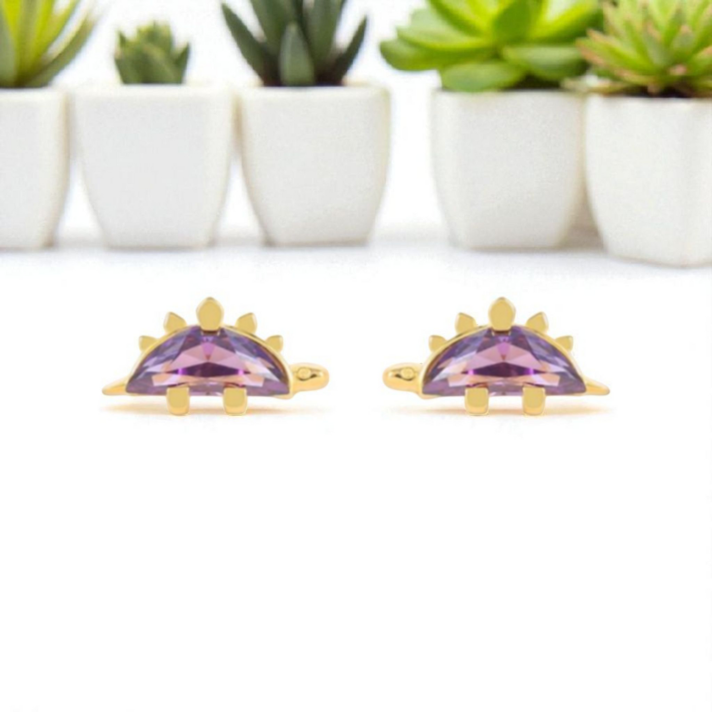 18k Gold Plated 925 Silver & Purple Cubic Zirconia Dinosaur Earrings