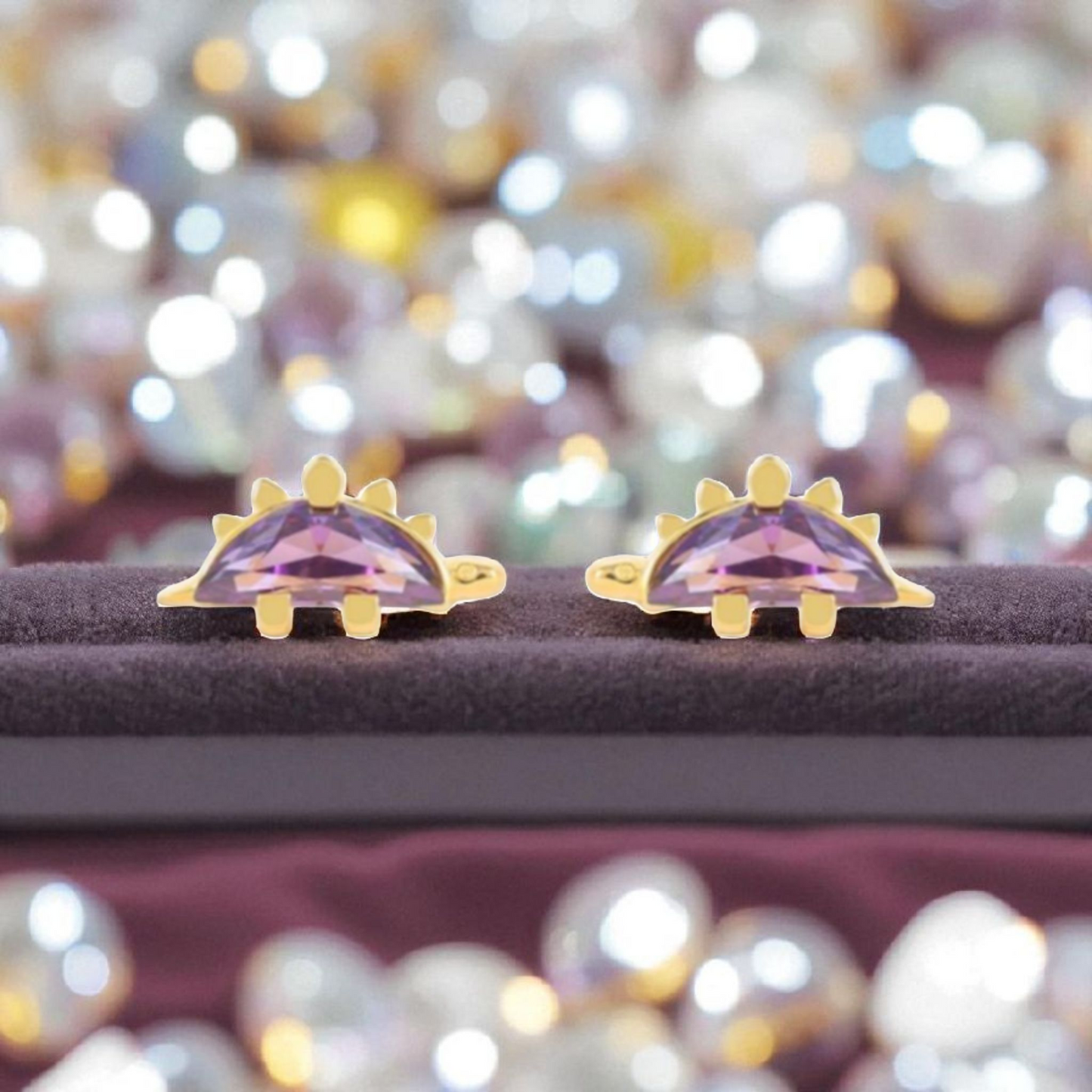 18k Gold Plated 925 Silver & Purple Cubic Zirconia Dinosaur Earrings