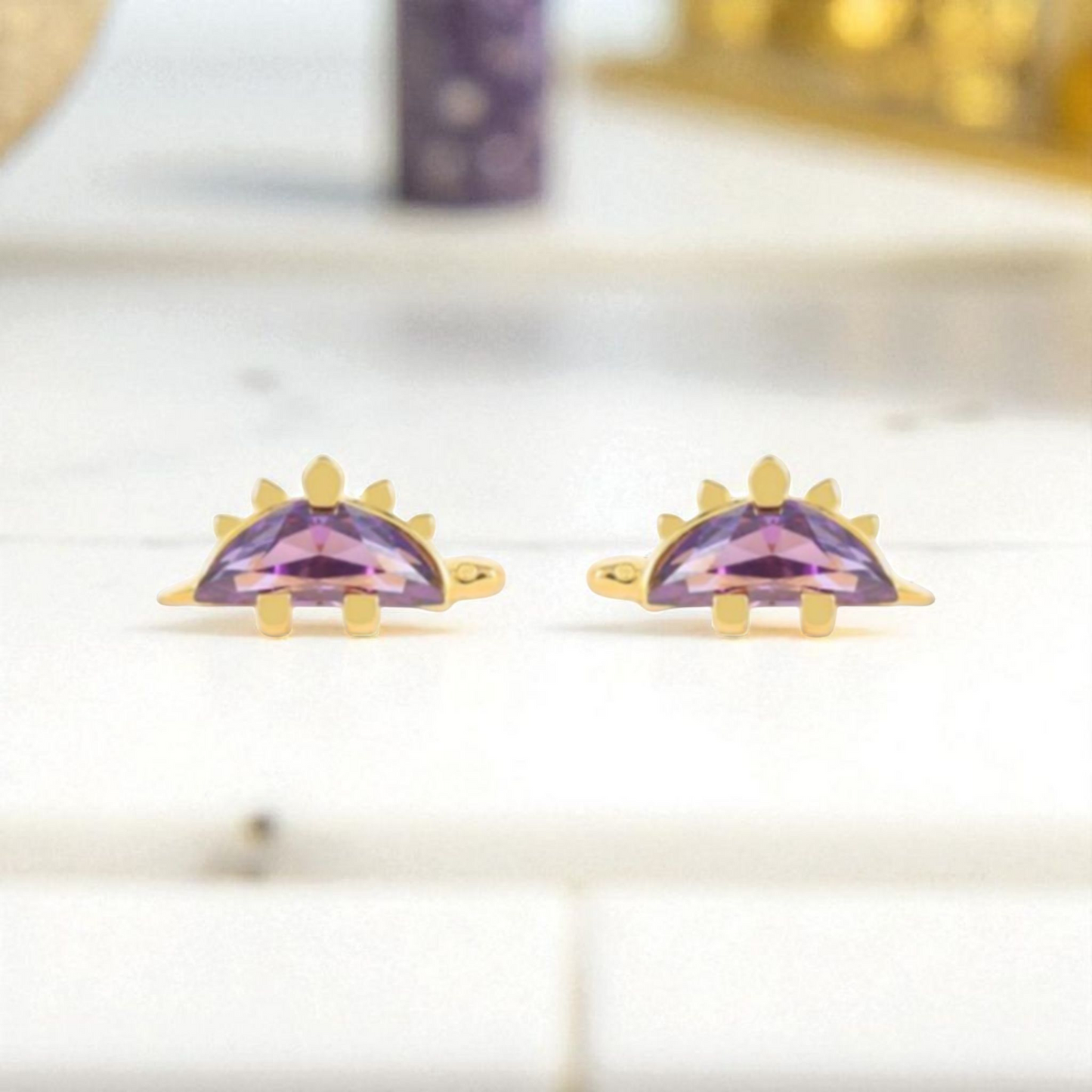 18k Gold Plated 925 Silver & Purple Cubic Zirconia Dinosaur Earrings