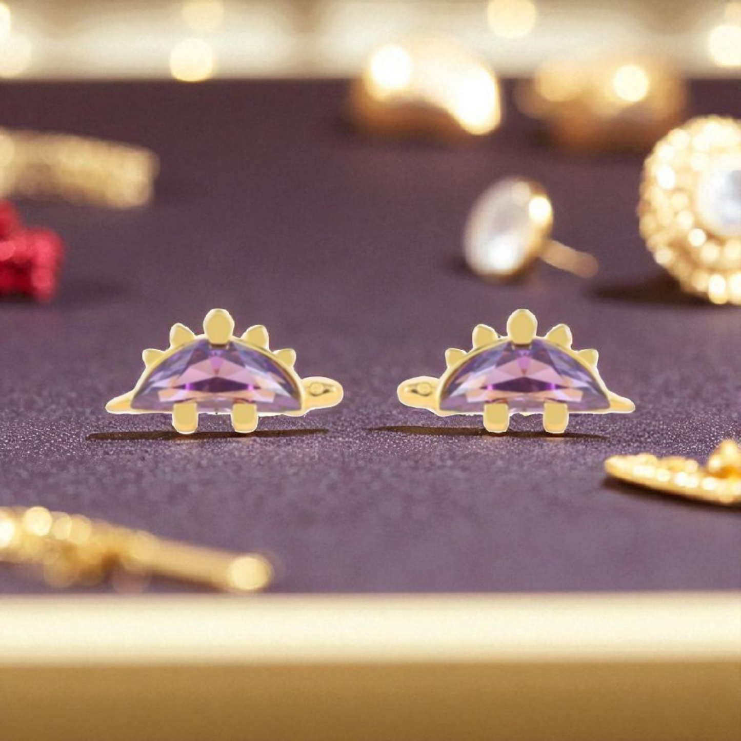 18k Gold Plated 925 Silver & Purple Cubic Zirconia Dinosaur Earrings