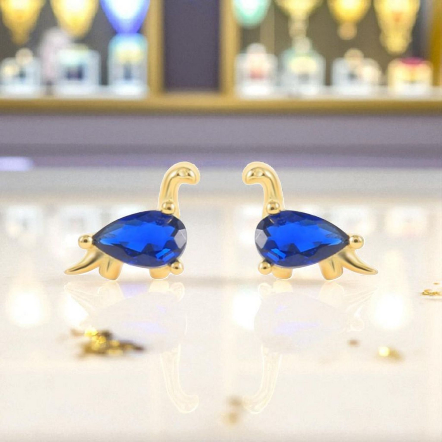 18k Gold Plated 925 Silver & Blue Cubic Zirconia Dinosaur Earrings
