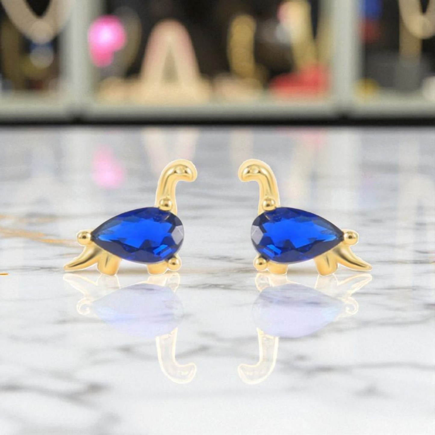 18k Gold Plated 925 Silver & Blue Cubic Zirconia Dinosaur Earrings