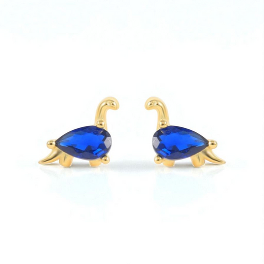 18k Gold Plated 925 Silver & Blue Cubic Zirconia Dinosaur Earrings