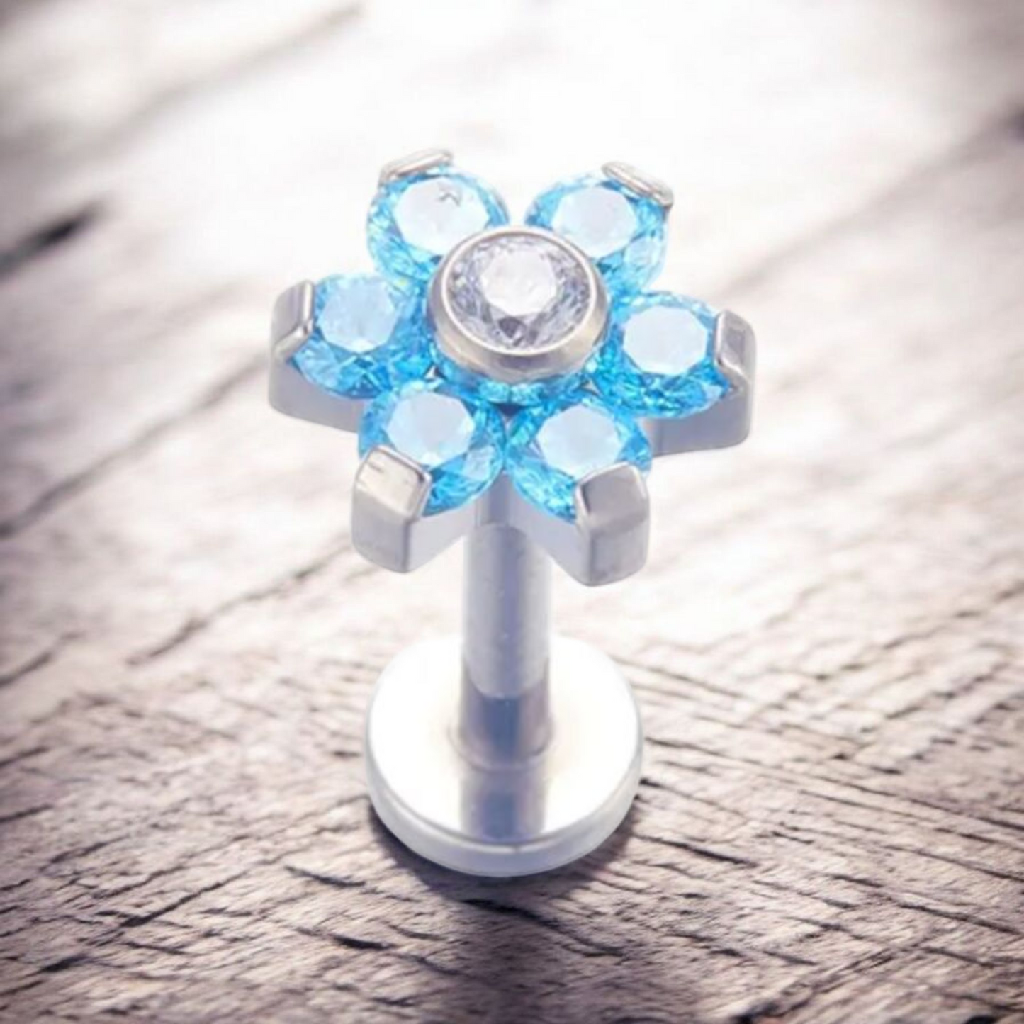 *Titanium & Blue Cubic Zirconia Flower