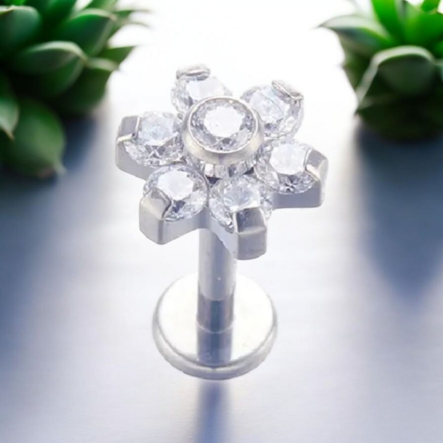 *Titanium & Clear Cubic Zirconia Flower