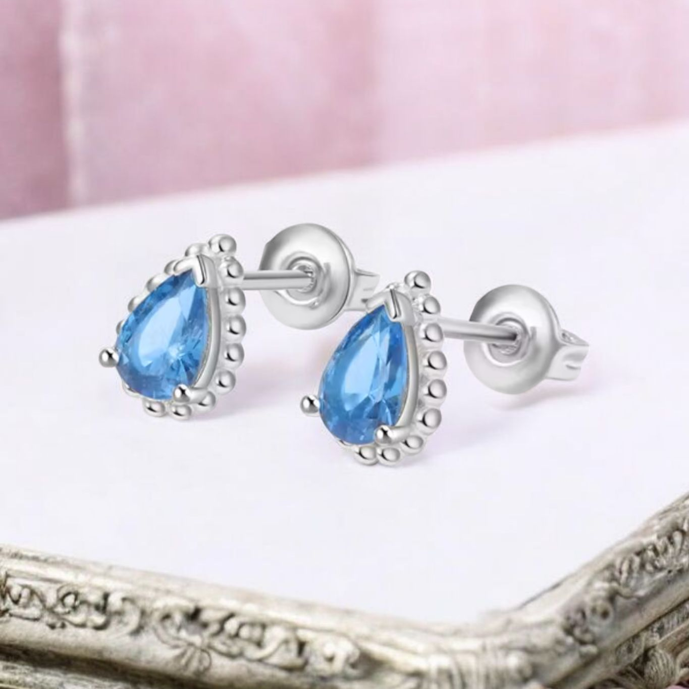 Blue CZ & 925 Silver Tear Drop Earrings (pair)