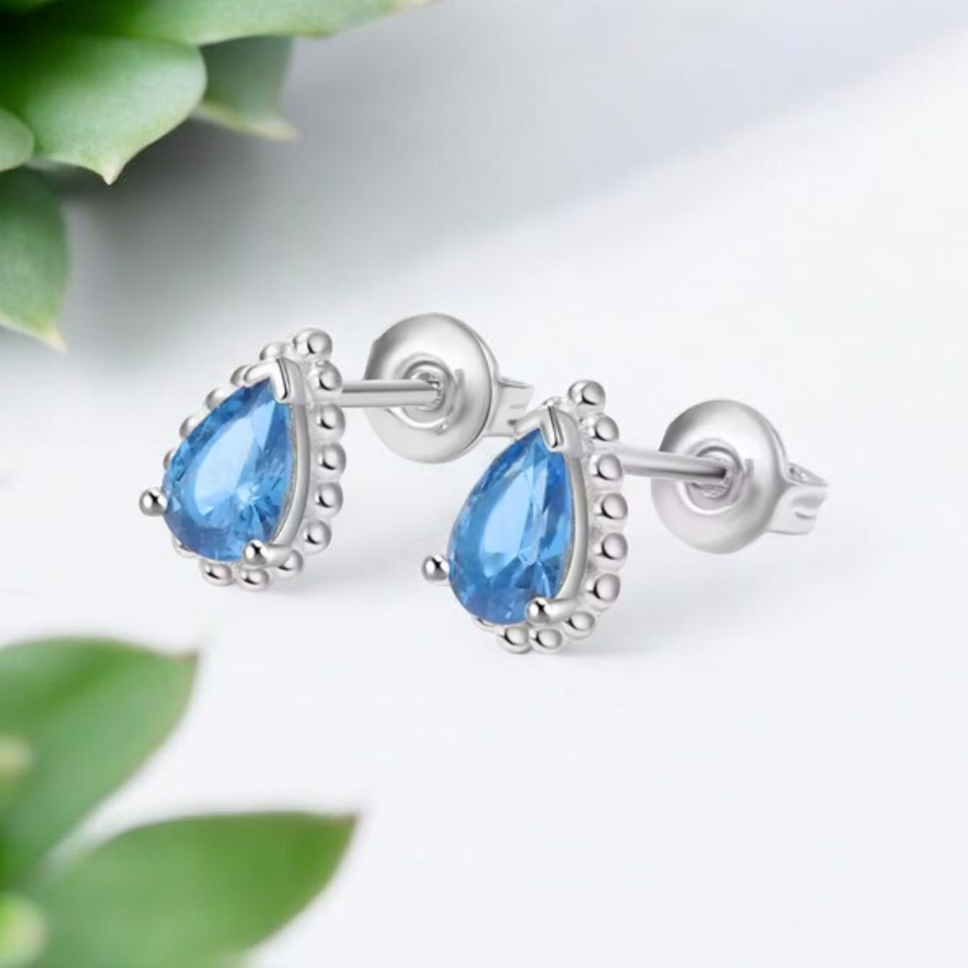 Blue CZ & 925 Silver Tear Drop Earrings (pair)
