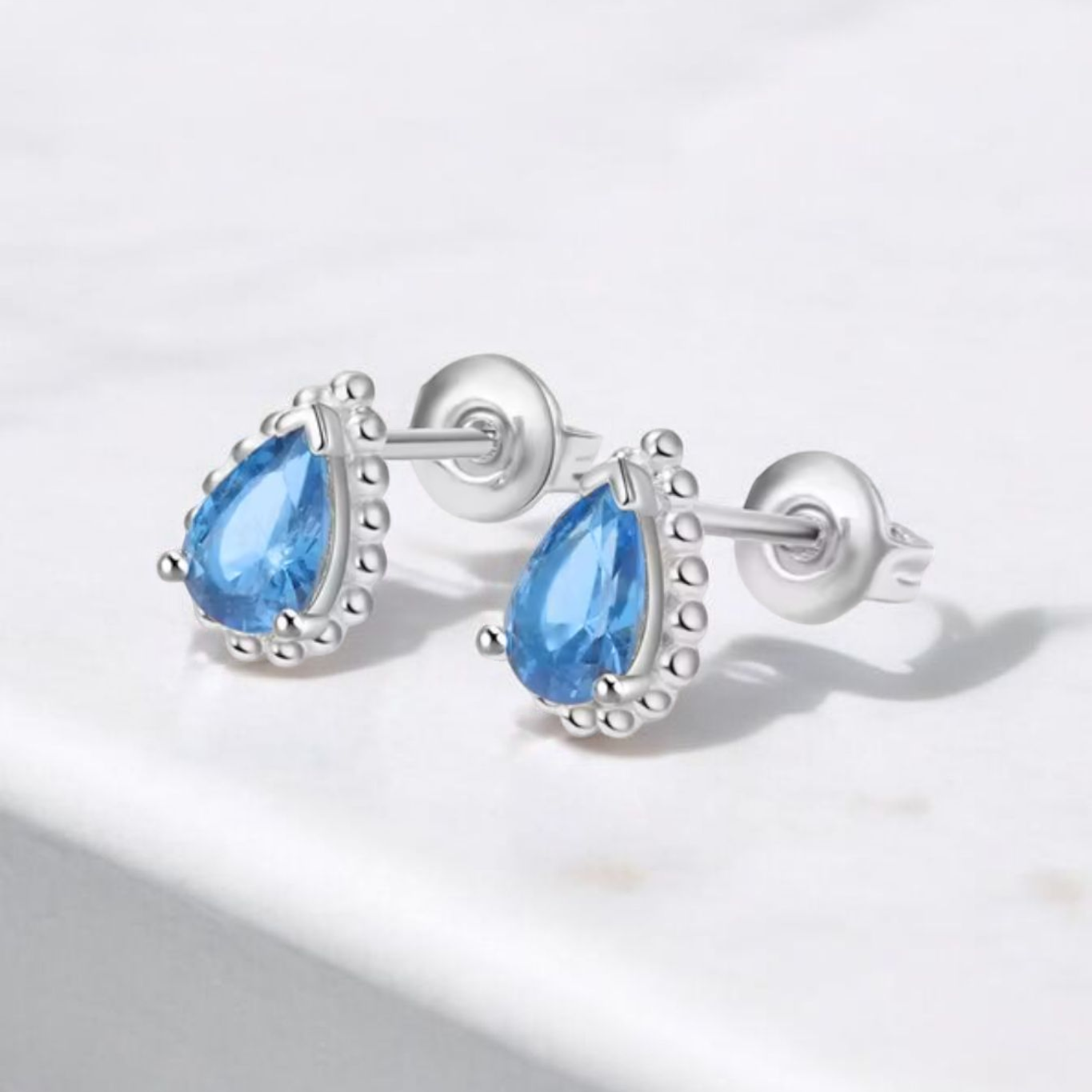 Blue CZ & 925 Silver Tear Drop Earrings (pair)