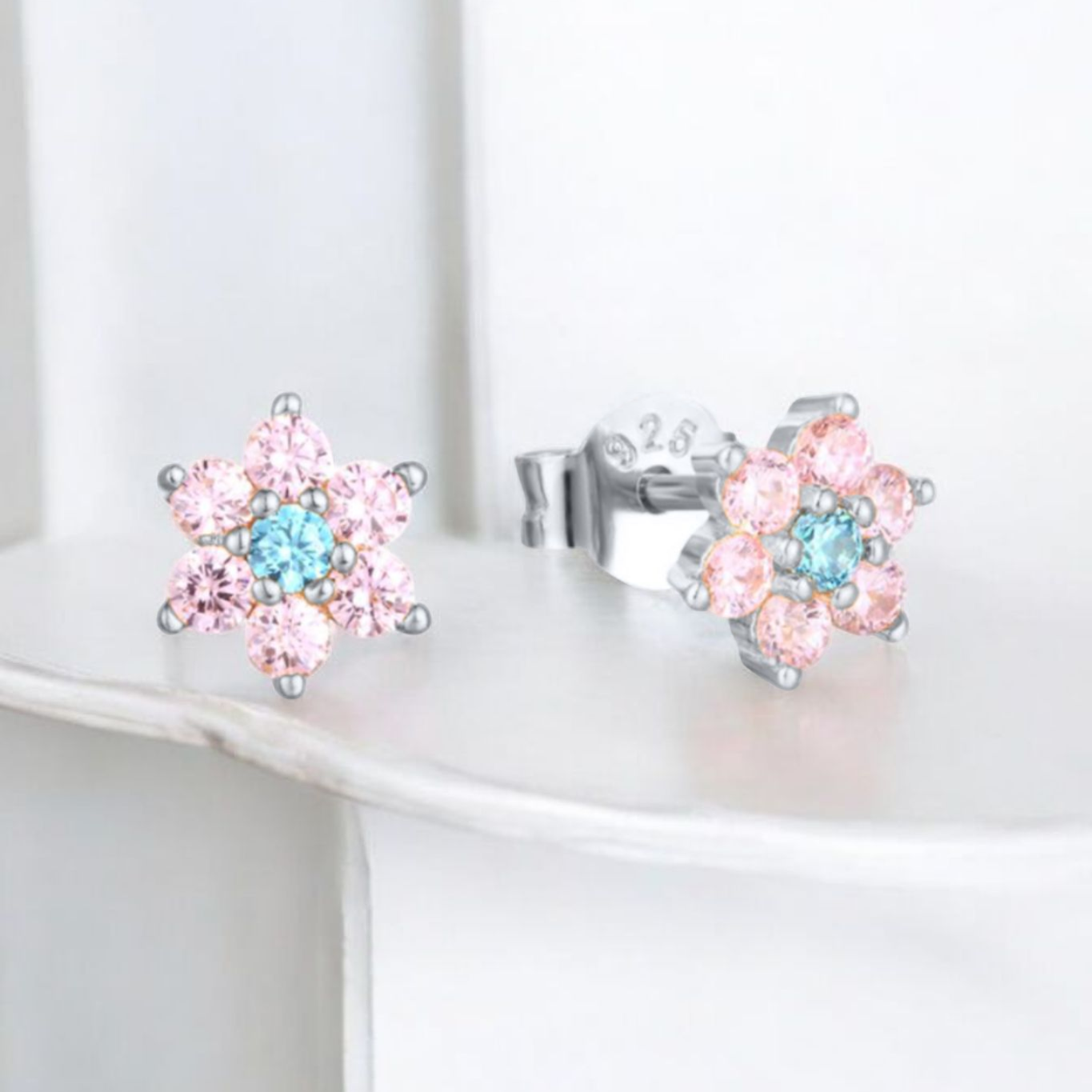 925 Silver & Pink CZ Flower Earrings