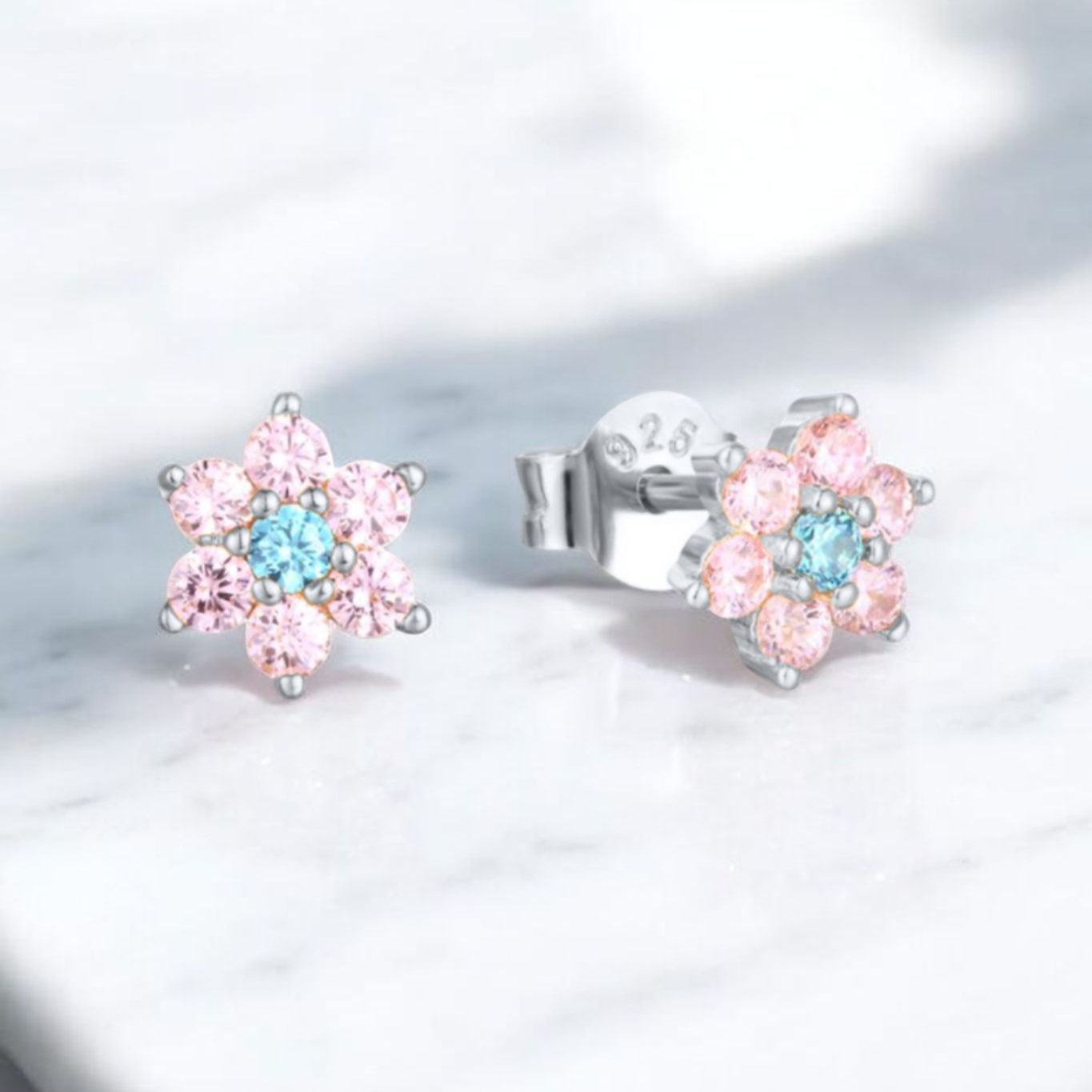 925 Silver & Pink CZ Flower Earrings