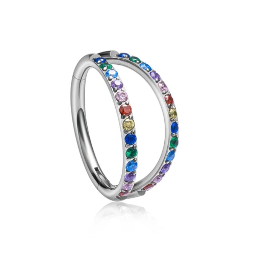 Rainbow Double Pavè Crystal Cubic Zirconia Hinged Clicker Ring.