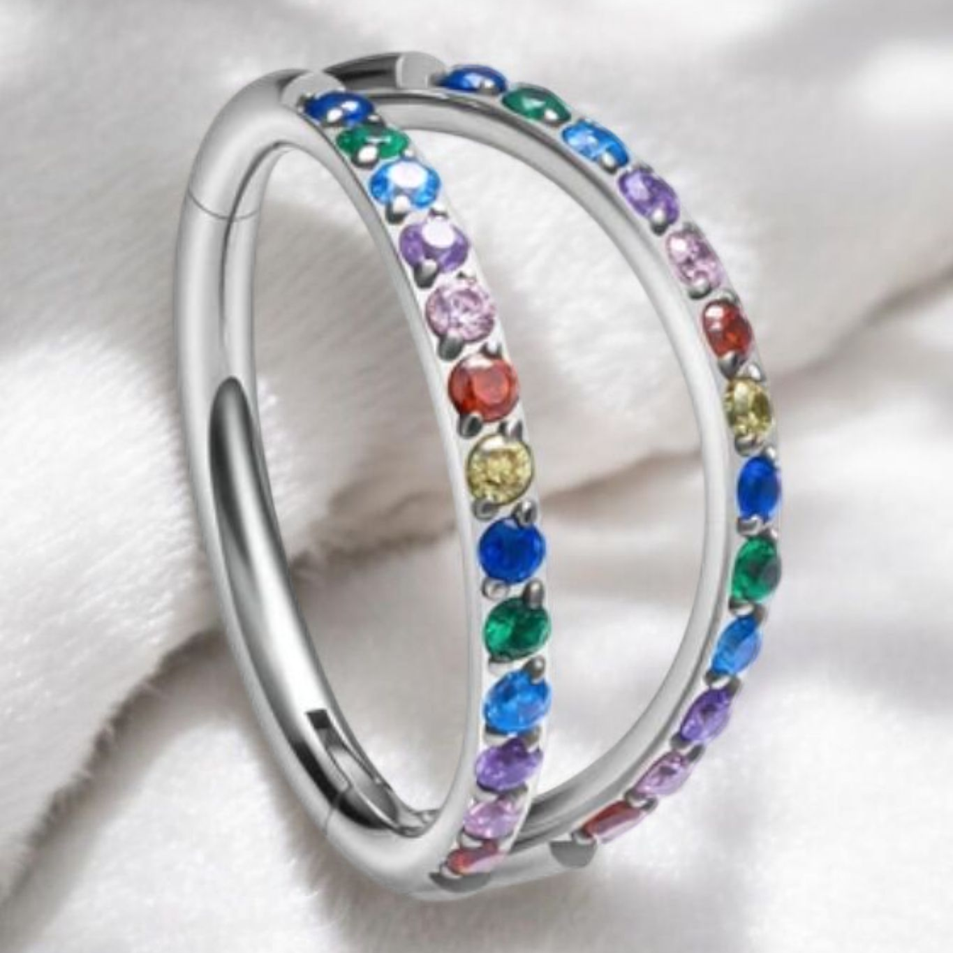 Rainbow Double Pavè Crystal Cubic Zirconia Hinged Clicker Ring.