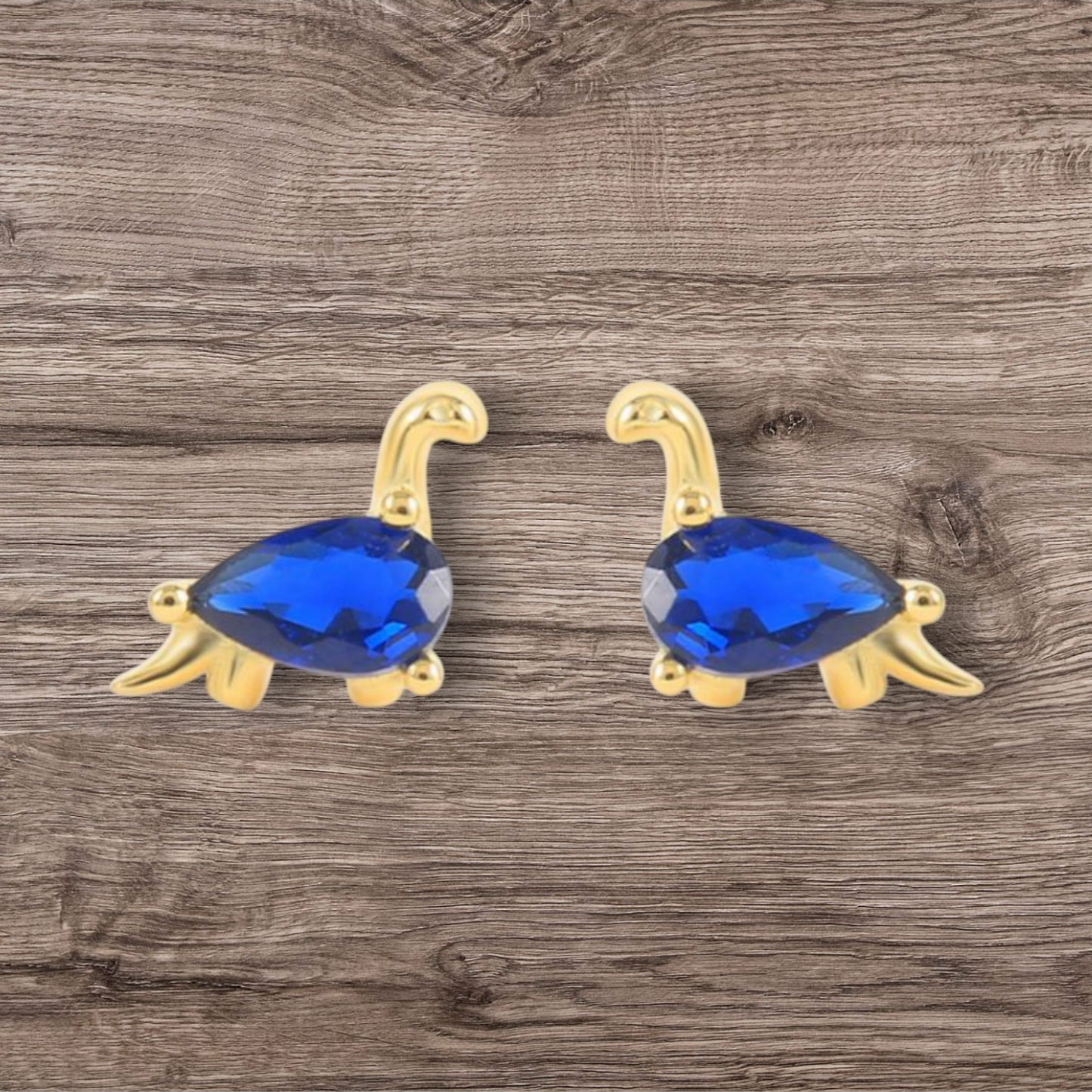 18k Gold Plated 925 Silver & Blue Cubic Zirconia Dinosaur Earrings