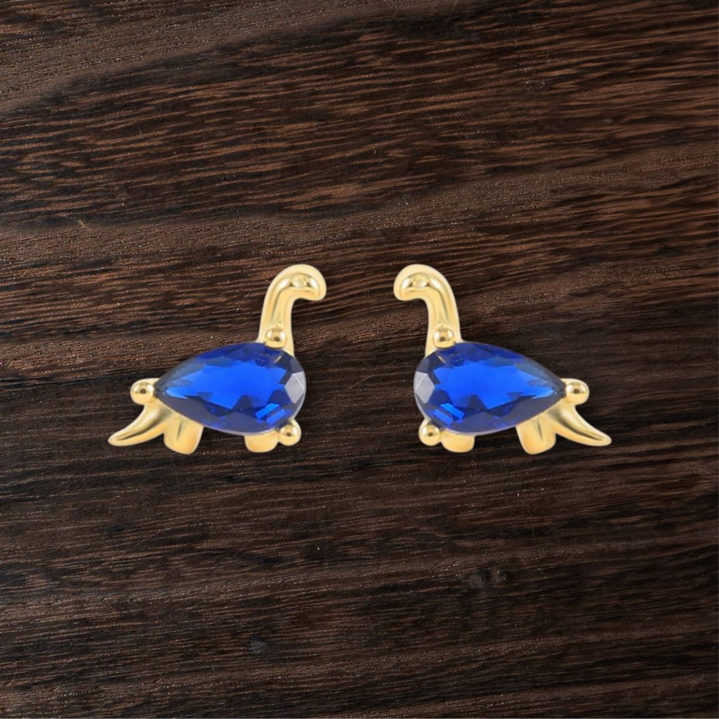 18k Gold Plated 925 Silver & Blue Cubic Zirconia Dinosaur Earrings