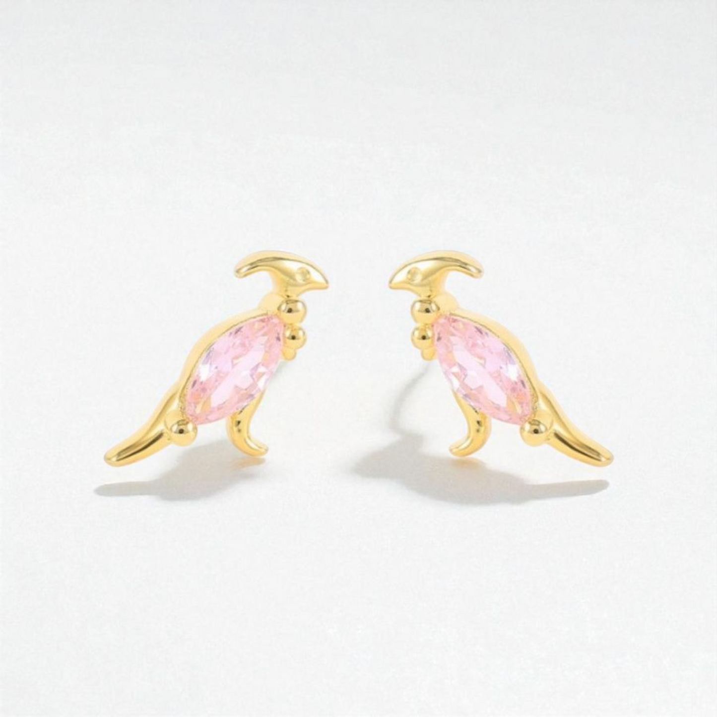 18k Gold Plated 925 Silver & Rose Pink Cubic Zirconia Dinosaur Earrings