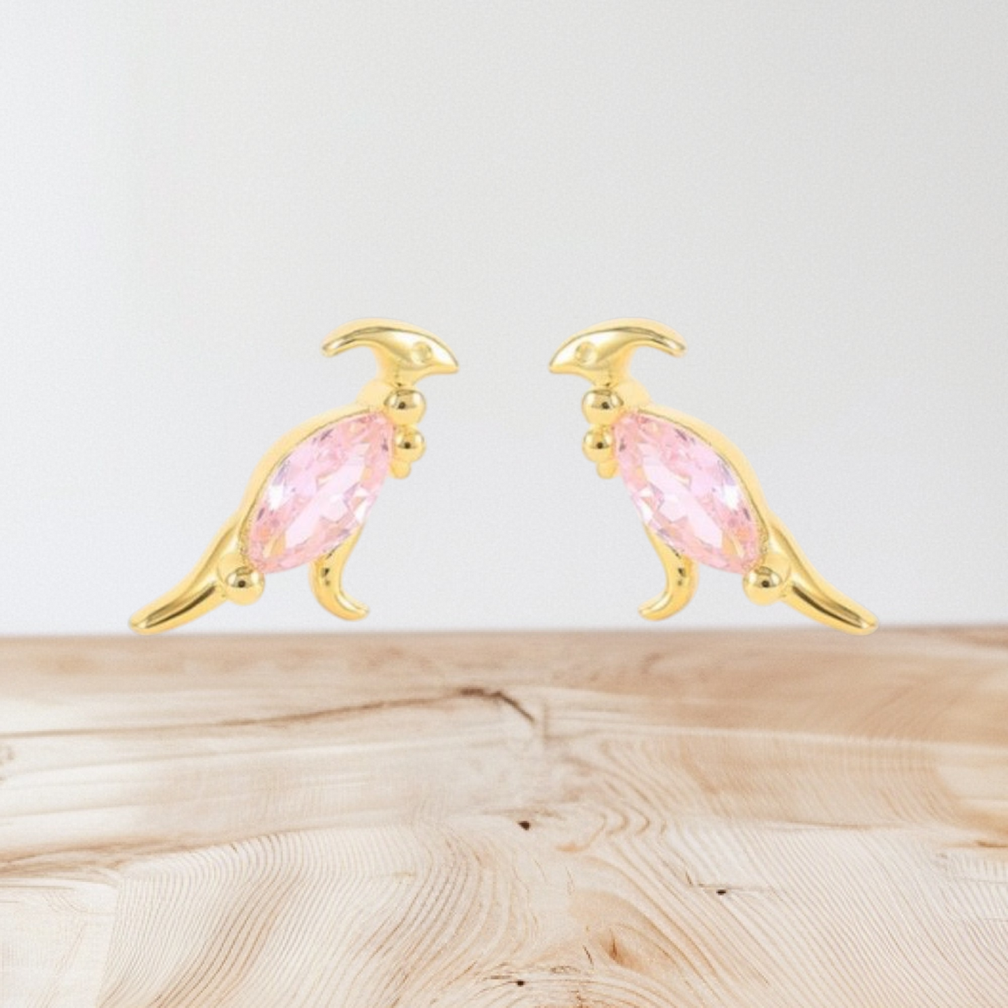 18k Gold Plated 925 Silver & Rose Pink Cubic Zirconia Dinosaur Earrings