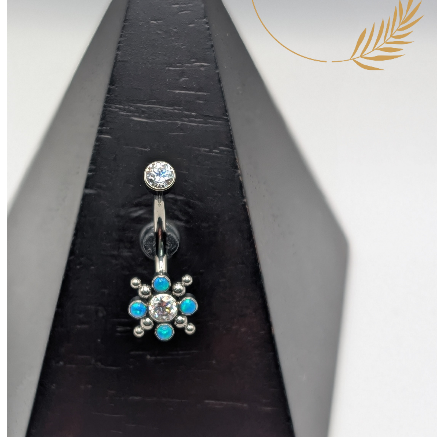 Navel Curve Blue Star Burst Bezel Set Crystal Clear Cubic Zirconia & Opal 12mm