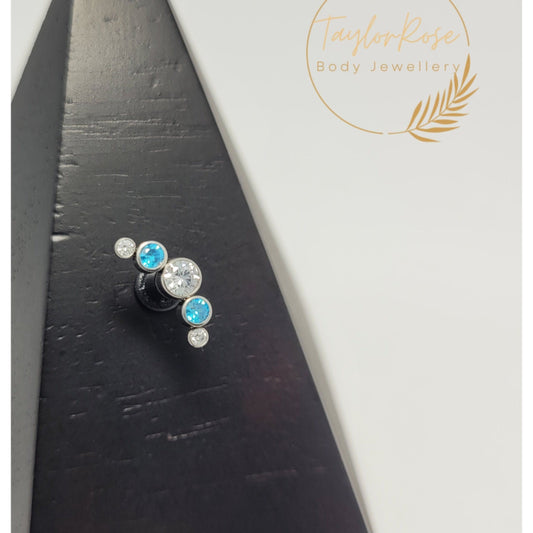 5 Stone Cluster Aqua Blue & Clear Cubic Zirconia